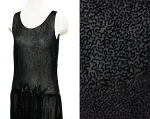 1920s Flapper Dress - XS Sheer Black Silk with Beaded Trompe L'Oeil Bow ''Sash'' - Bust 32 - Fashionconservatory.com