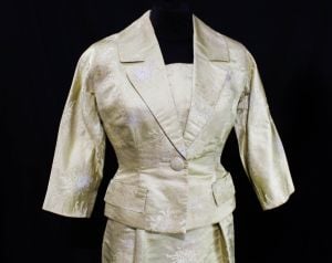 XS 1950s Evening Suit - Gorgeous Gold and Silver Dress & Jacket Set - Size 2 Exceptional Custom Made - Fashionconservatory.com