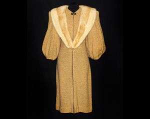 1930s Dress with Balloon Sleeves - Authentic 30s Toffee Tan Wool Zip Front - Paramount Pictures