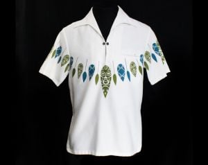 Men's Small Aloha Shirt - 1960s Hawaiian Tiki Warrior Novelty Print - White, Blue, Olive Green - Dio