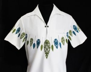 Men's Small Aloha Shirt - 1960s Hawaiian Tiki Warrior Novelty Print - White, Blue, Olive Green - Dio - Fashionconservatory.com