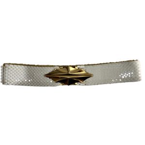 70s Mod White Fish Scale Belt with Large Gold Buckle | 24 - 34'' - Fashionconservatory.com