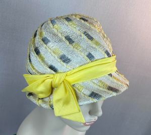 60s Yellow, Grey and Beige Narrow Brim Cloche Hat by Danciger - Fashionconservatory.com