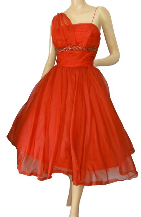 Hollywood Glam 1950s Red Cupcake Chiffon Party Dress Vintage Prom