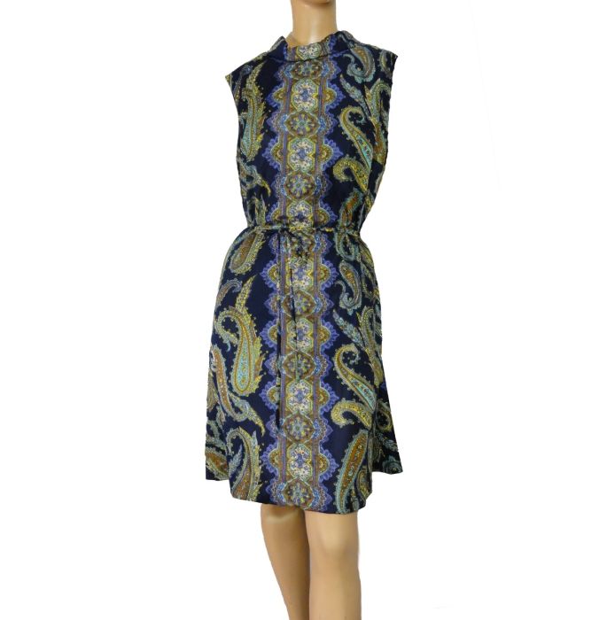 Deadstock 60s Shift Dress Navy Blue Paisley Print Nylon Jersey Original Belt ''Parkshire'' | Fashion Conservatory Deadstock 60s Shift Dress Navy Blue Paisley Print Nylon Jersey Original Belt ''Parkshire'' | Fashion Conservatory