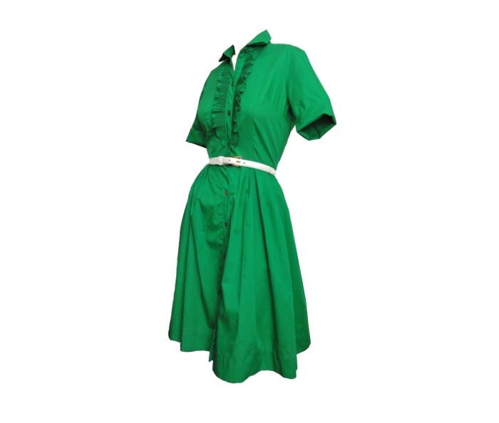 green emerald velvet dress 1950's Vintage Kelly Green Silk Chiffon Cocktail Dress main image 1