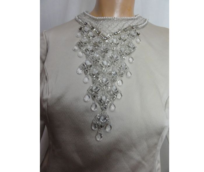 Mod 60s Cocktail Party Mini Dress A Line Off White Evening Dress Beaded, Rhinestones ''Jack Bryan''
