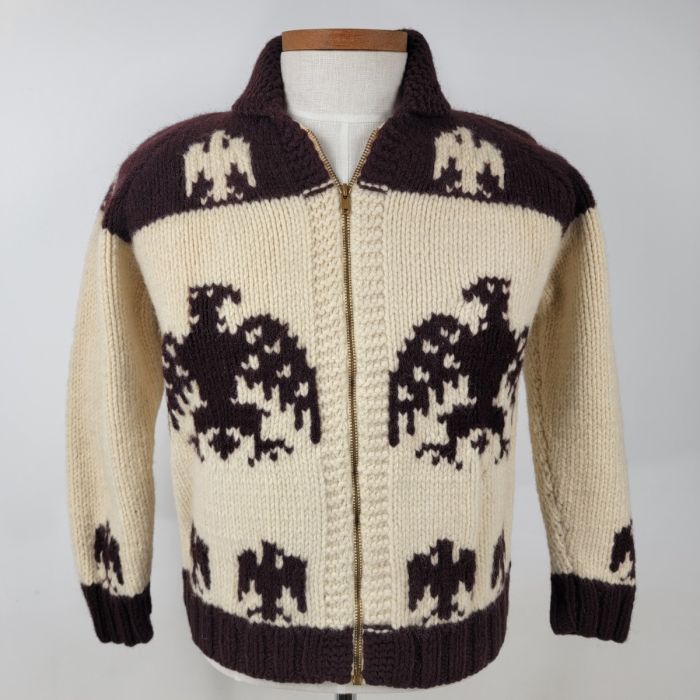 Vintage Hand Knit Cowichan Thunderbird Eagle Wool Full Zip Cream & Brown  Sweater