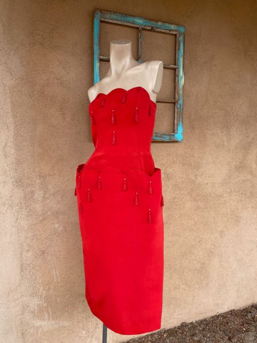 1950s Red Strapless Bombshell Dress w Rhinestone Tassels W27