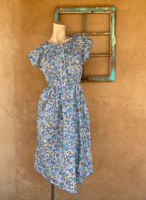1950s Blue Calico Print House Dress Sz M W29