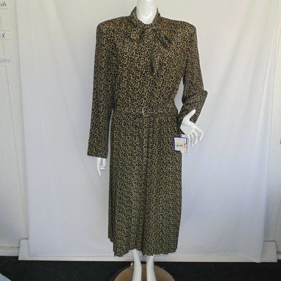 new Midi Dress, 16, Black/Yellow Swirl, Pussy Bow, Belt, Long Sleeve |  Fashion Conservatory