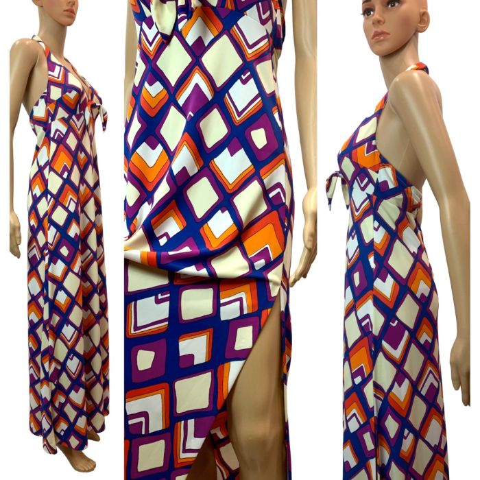 70s Psychedelic Print Maxi Halter Dress |