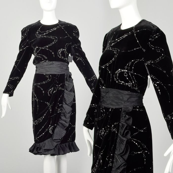 Large 1980s Escada Dress Black Velvet Glitter Cocktail Evening Party Gown