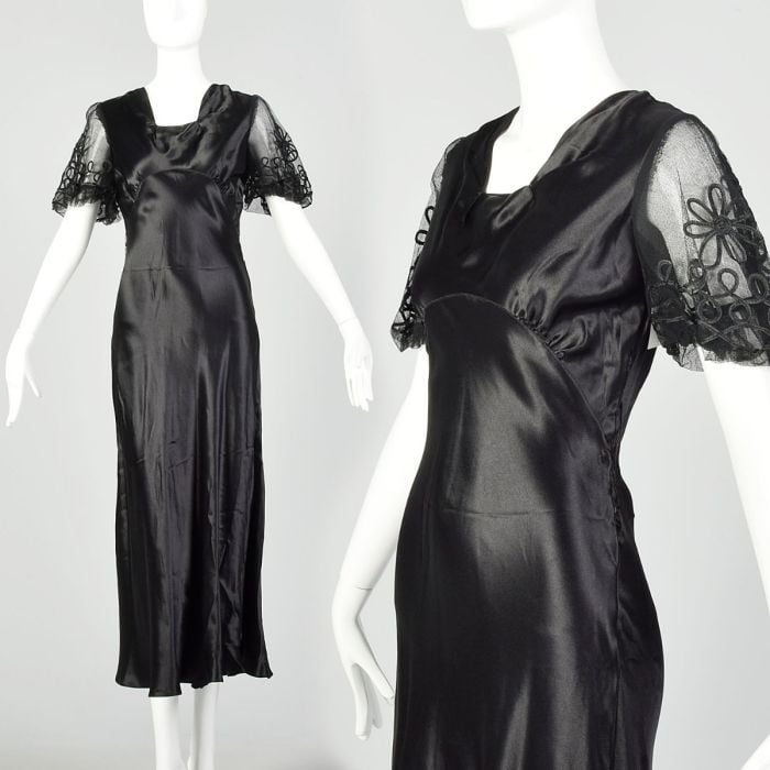 Small 1930s Black Silk Dress Bias Cut Mesh Floral Trim | Fashion ...