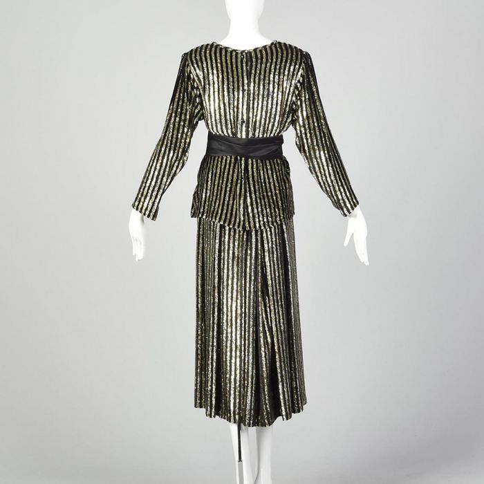 Medium Caroline Charles 1980s Skirt Set Gold Black Striped Formal