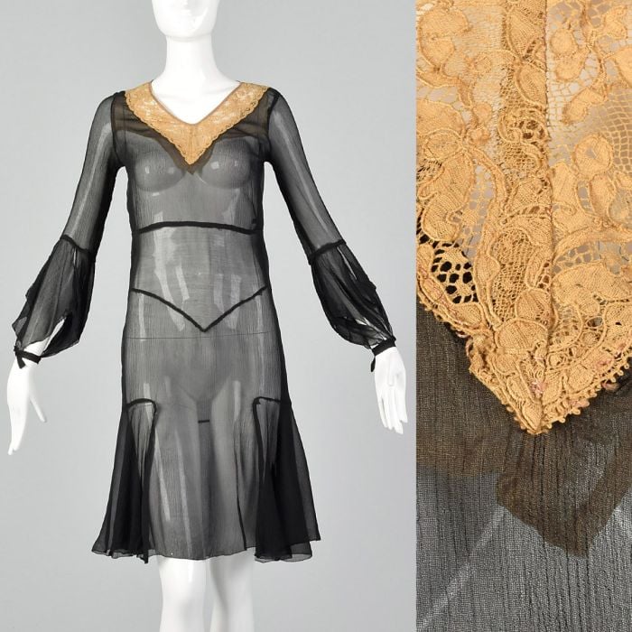 XXS 1920s Sheer Black Goth Drop Waist Dress