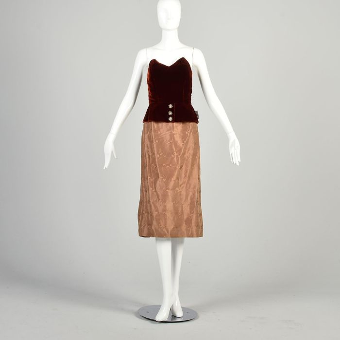 Small 1950s Burgundy Velvet Strapless Peplum Cocktail Dress Small 1950s Burgundy Velvet Strapless Peplum Cocktail Dress