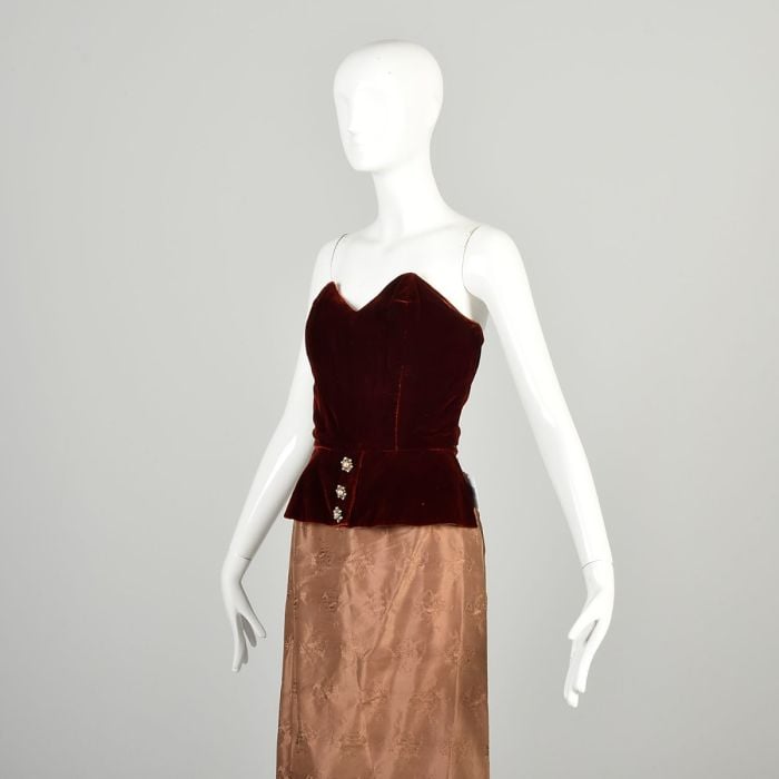 Small 1950s Burgundy Velvet Strapless Peplum Cocktail Dress Small 1950s Burgundy Velvet Strapless Peplum Cocktail Dress