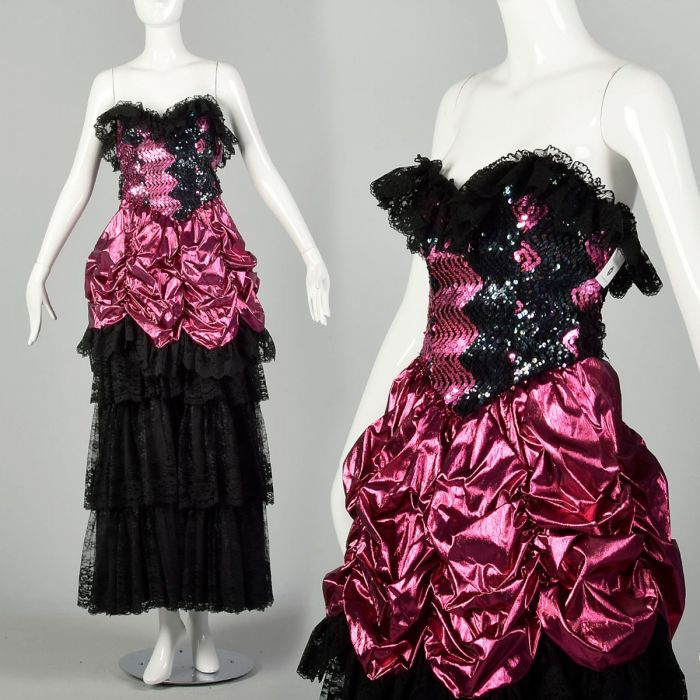 1980s Electric Blue Lame Prom Dress Full Length Formal Evening Gown Sequin Bodice