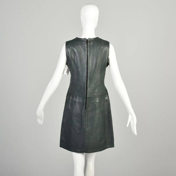 Large 1960s Green Leather Dress Sleeveless Drop Waist Belt Sheath Hippie Mod Mini Dress