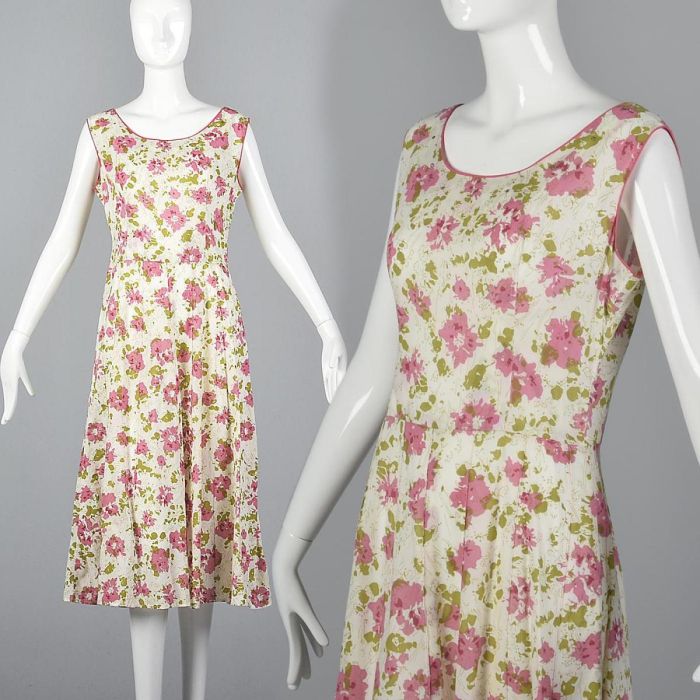 Medium 1930s Dress Simple Cotton Loose Summer Flowy Sleeveless Pink Floral  Casual | Fashion Conservatory
