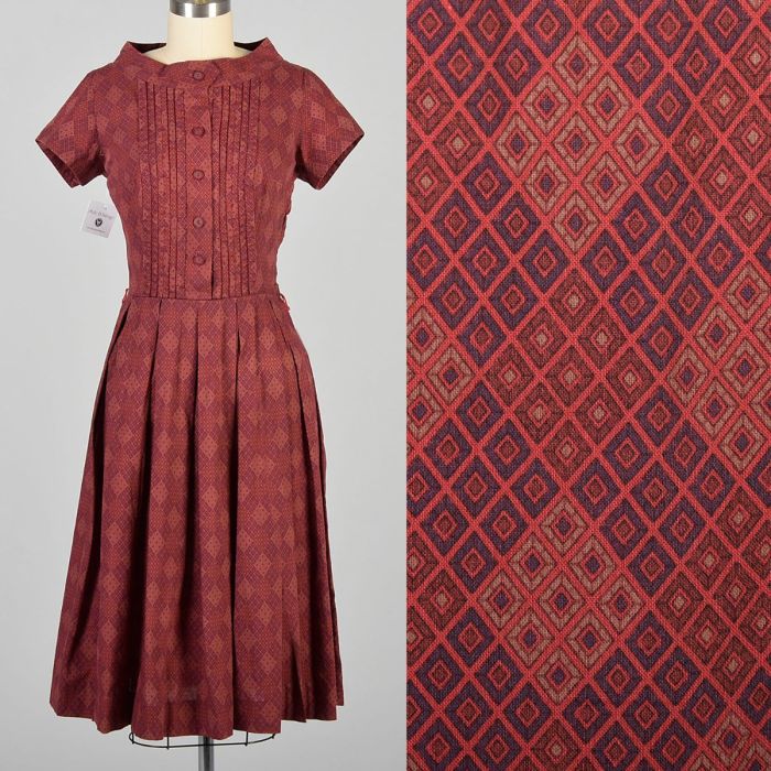 Small 1950s Maroon Burgundy Red Printed Day Dress with Unique Funnel Boat  Neck