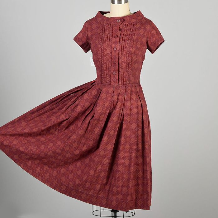 burgundy 1950s dress Red Square Collar White Lace Velvet 1950S Hepburn Style Vintage Dress, Wine Red / M