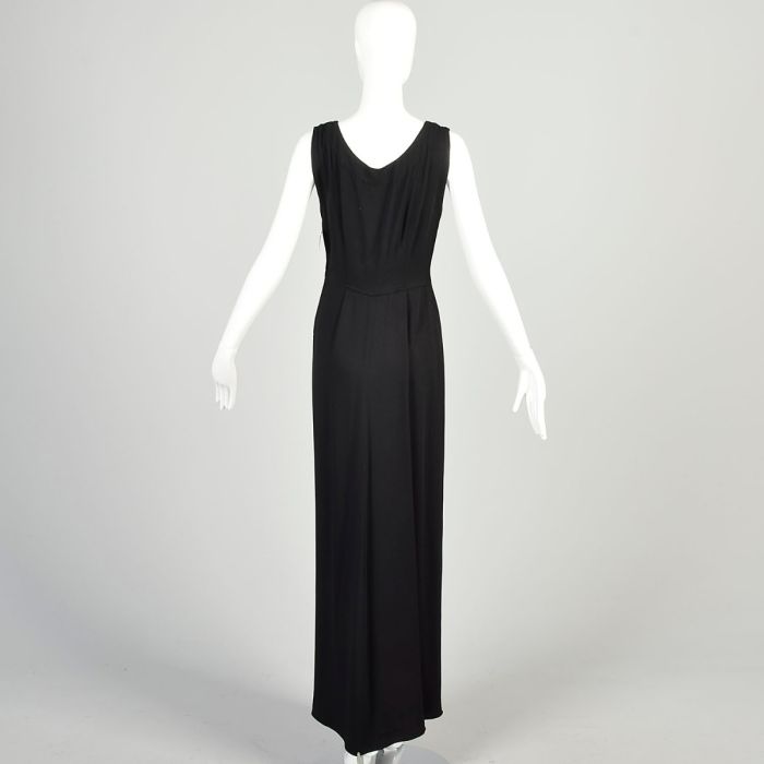 XS 1940s Black Dress Sleeveless Hip Swag Rayon Crepe Old Hollywood Elegant  Art Deco Formal Evening | Fashion Conservatory