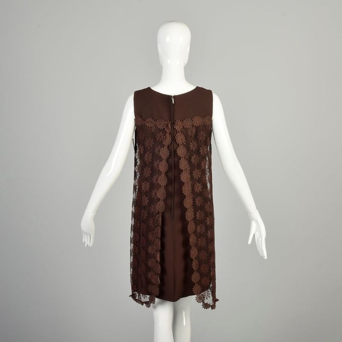 Medium 1960s Brown Dress Sheer Floral Lace Overlay Sleeveless Chocolate  Swing Shift Dress | Fashion Conservatory