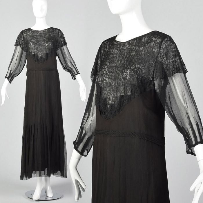 Small 1930s Dress Black Silk Dress Sheer Lace Bust Panel Long Sleeves Formal Evening Wear Art Deco Small 1930s Dress Black Silk Dress Sheer Lace Bust Panel Long Sleeves Formal Evening Wear Art Deco
