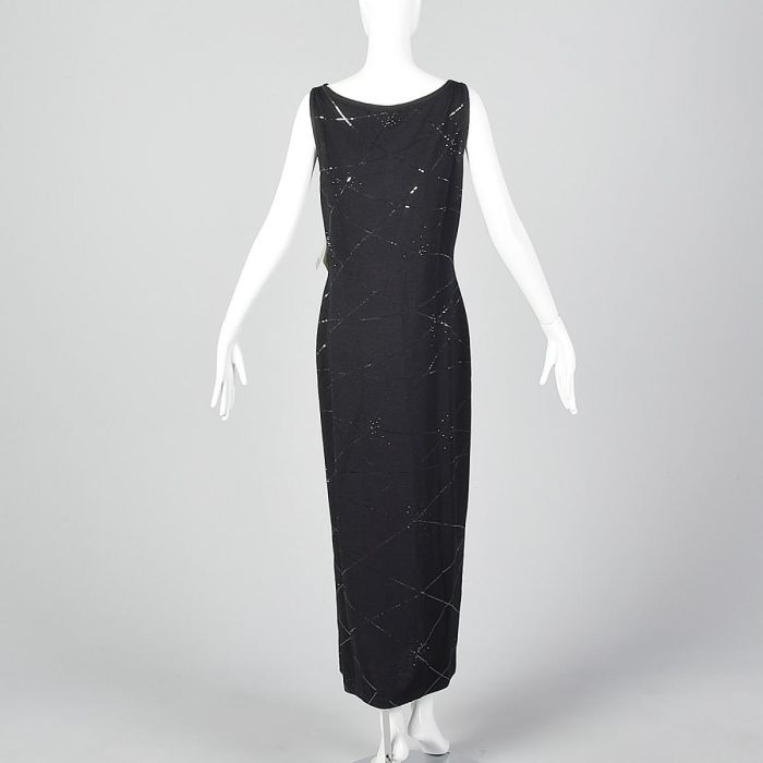 Medium 1990s Deadstock St John Evening Black Knit Dress Sequin Trim Sleeveless Maxi | Fashion Conservatory Medium 1990s Deadstock St John Evening Black Knit Dress Sequin Trim Sleeveless Maxi | Fashion Conservatory