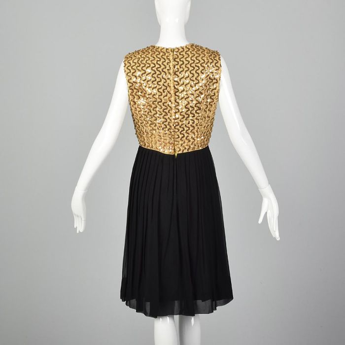 Small 1960s Party Dress Gold Sequin Bodice Sleeveless Cocktail Black Pleated Skirt