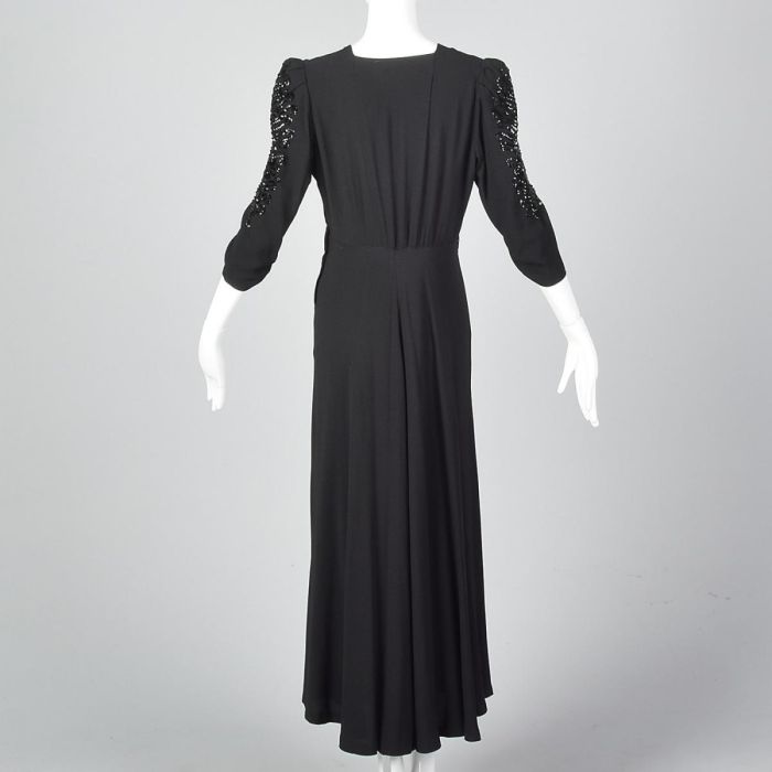 Large 1940s Black Crepe Gown Sequin Sleeves Formal Evening Dress Long Maxi Skirt Large 1940s Black Crepe Gown Sequin Sleeves Formal Evening Dress Long Maxi Skirt