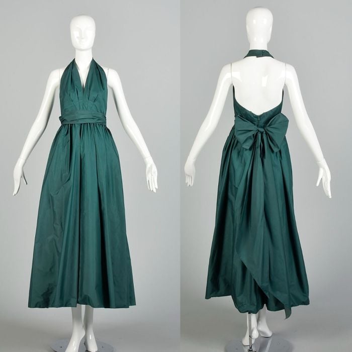Xs 1970s Lillie Rubin Green Pleated Halter Formal Evening Prom Gown