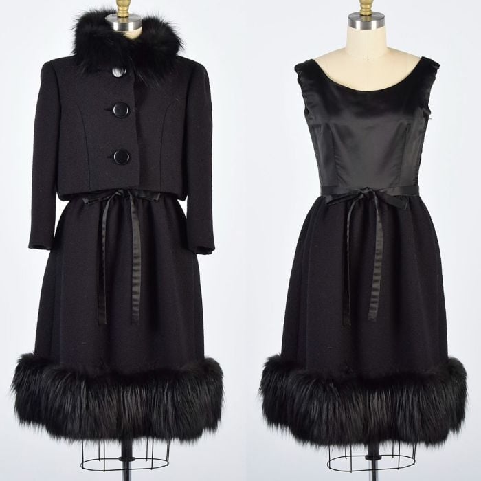 XS 1960s Norman Norell Ensemble Little Black Dress Cropped Jacket Fox Fur Archival Designer
