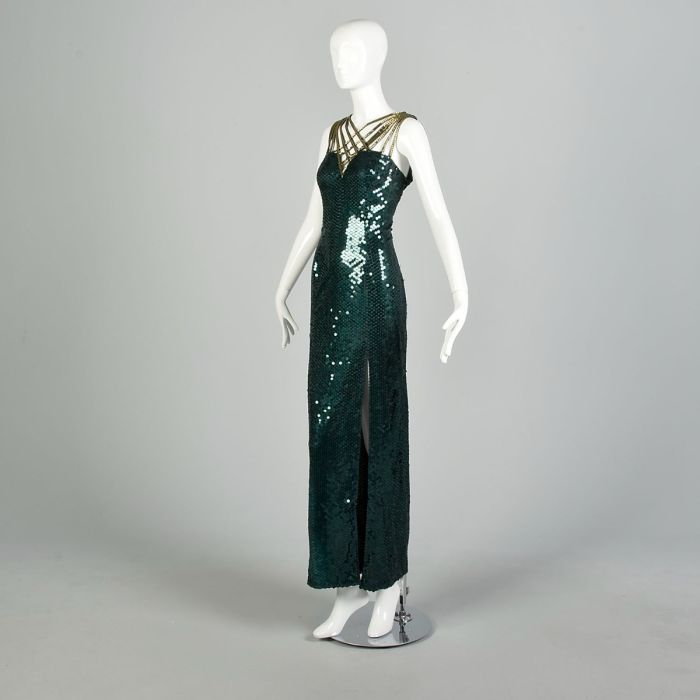 XL 1990s Dress Emerald Green Gown Sequined Beaded Strappy Formal Sexy Wicked Gold Dress Prom Pageant