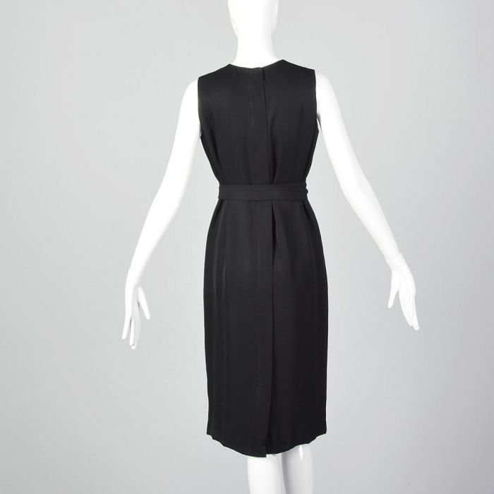 Small 1960s Classic Little Black Dress Belted Sleeveless Shift with Patch Pockets