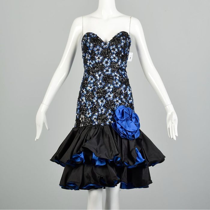 XL 1980s Black Prom Dress Strapless Velvet Plaid Formal Evening