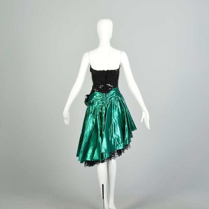 XS 1980s Green Lame Black Sequin Asymmetrical Strapless Evening Party Dress