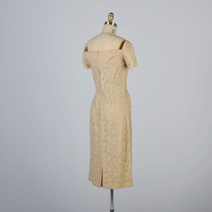 1950s Silk and Lace Cocktail Evening Summer Dress Cream Small