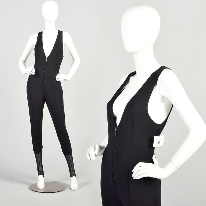 1990s Small Sexy Black Sleeveless Zippered Front Ski Suit