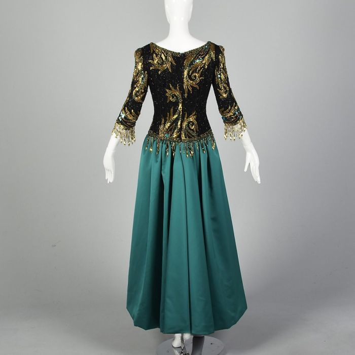 Medium 1990s Bob Mackie Boutique Green and Black Dress with Gold Beading |  Fashion Conservatory