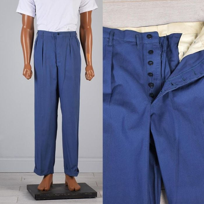 Hercules Deadstock 35x30 Mens 1940s Pants Blue Button Fly Workwear Pleated  Front Work Trousers