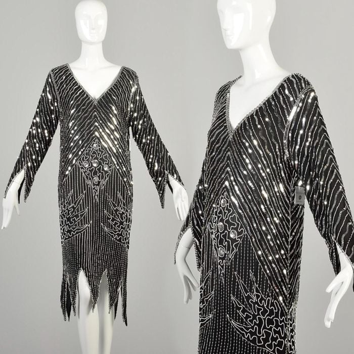 Medium 1970s Black Silk Midi Dress w/ Jagged Hem Silver Sequins Art Deco Unique