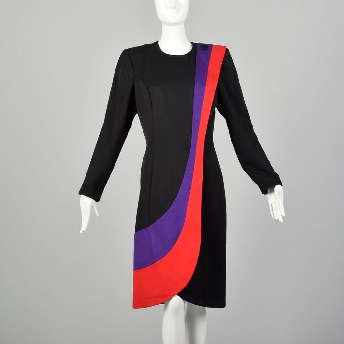 Large 1980s Colorblock Dress Tulip Hem Long Sleeve | Fashion Conservatory