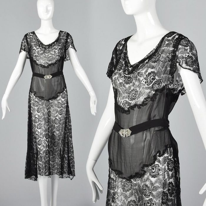 Small 1930s Sheer Dress Floral Black Lace Art Deco Rhinestone Belt