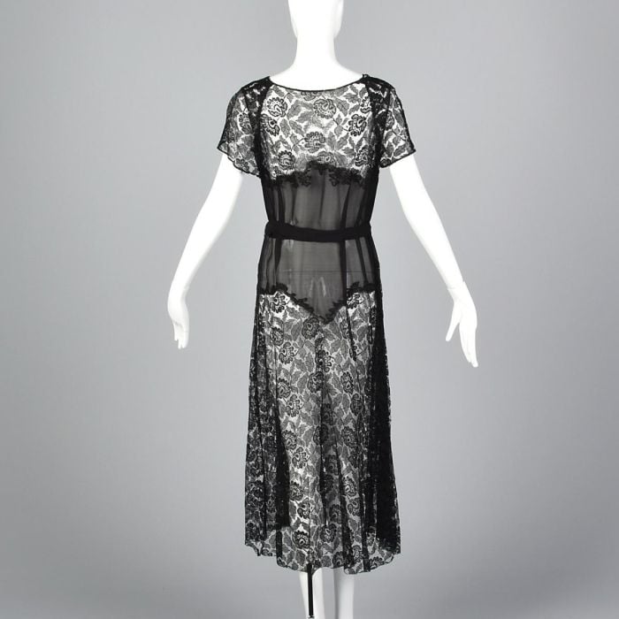 Small 1930s Sheer Dress Floral Black Lace Art Deco Rhinestone Belt Short Sleeve | Fashion Conservatory Small 1930s Sheer Dress Floral Black Lace Art Deco Rhinestone Belt Short Sleeve | Fashion Conservatory