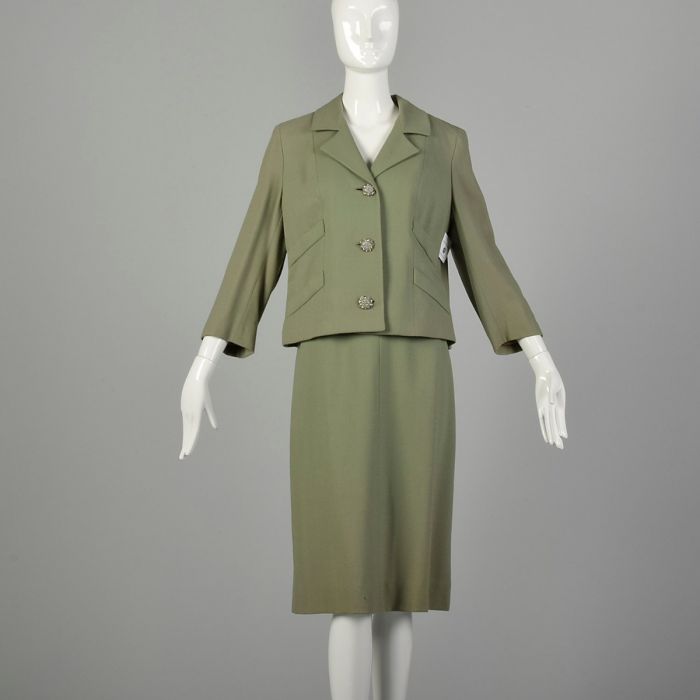Medium 1960s Suit Set Green Boxy Pencil Skirt Ensemble Fashion