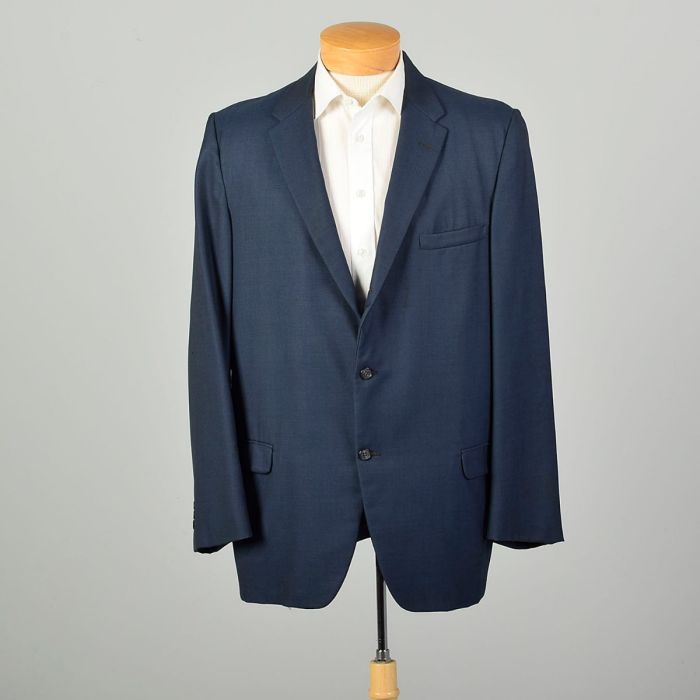 XL 1960s Midnight Blue Button Suit Jacket Welt Pockets Flap Notched  Collar Vent Back