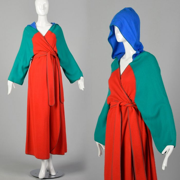 OSFM Red Robe with Hood 1970s Fleece Green Colorblock Long Housecoat